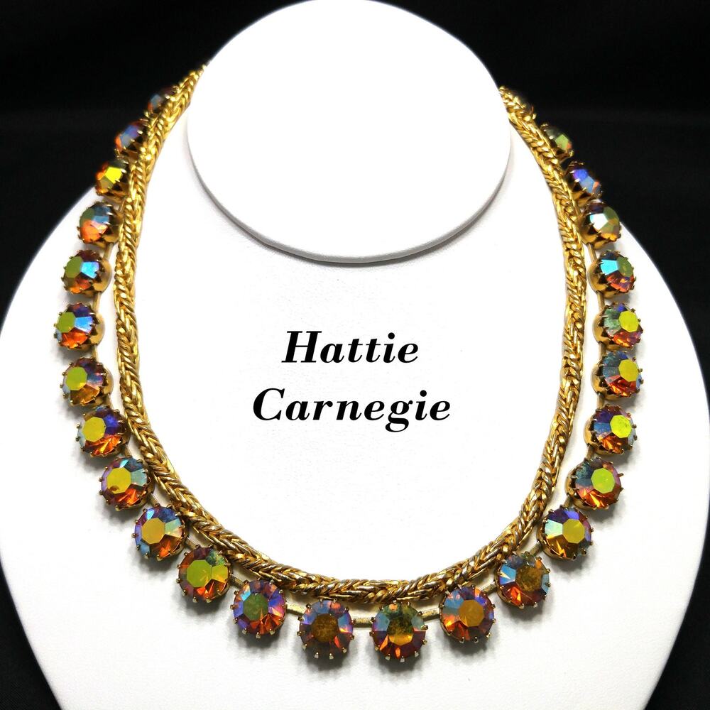 Hattie Carnegie AB Rhinestone Necklace 1950s Gold Plated Rope Vintage Jewelry